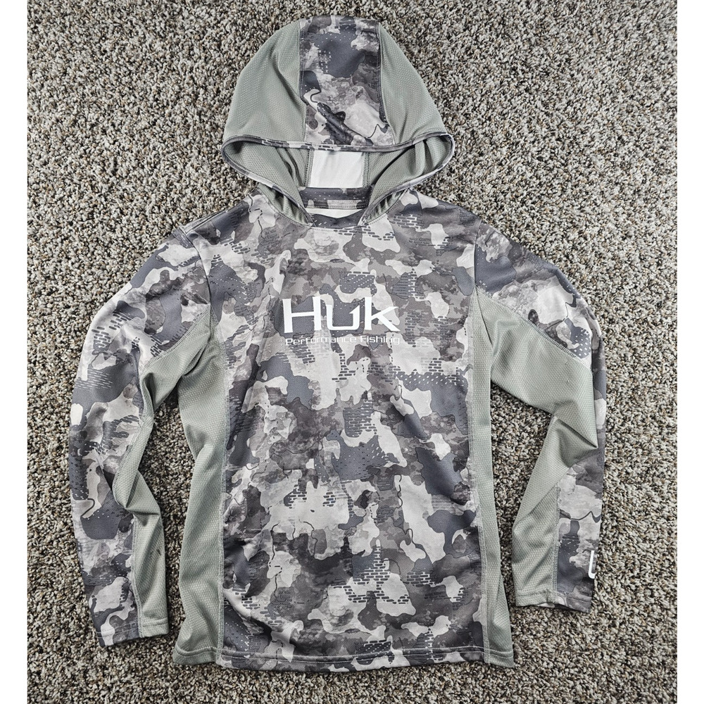 Huk Performance Fishing Boys Sz L Camo Hoodie Pullover Gray Lightweight